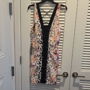 Bebe Black and Multicolor Lace-Up Mini Dress